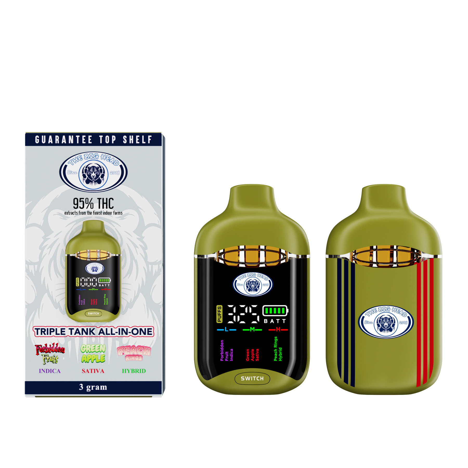 The Big Head Matrix 3g Triple-Tank All-In-One Vape - Forbidden Fruit + Green Apple + Peach Rings